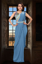 Steel Blue Ready-Pleated Saree with Lycra