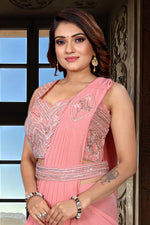 Peach Pink Ready-Pleated Saree with Lycra