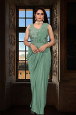 Olive Green Ready-Pleated Saree with Lycra