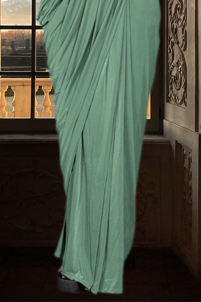 Olive Green Ready-Pleated Saree with Lycra