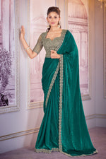 Rama Green Satin Organza Saree With Embroidery Blouse Piece