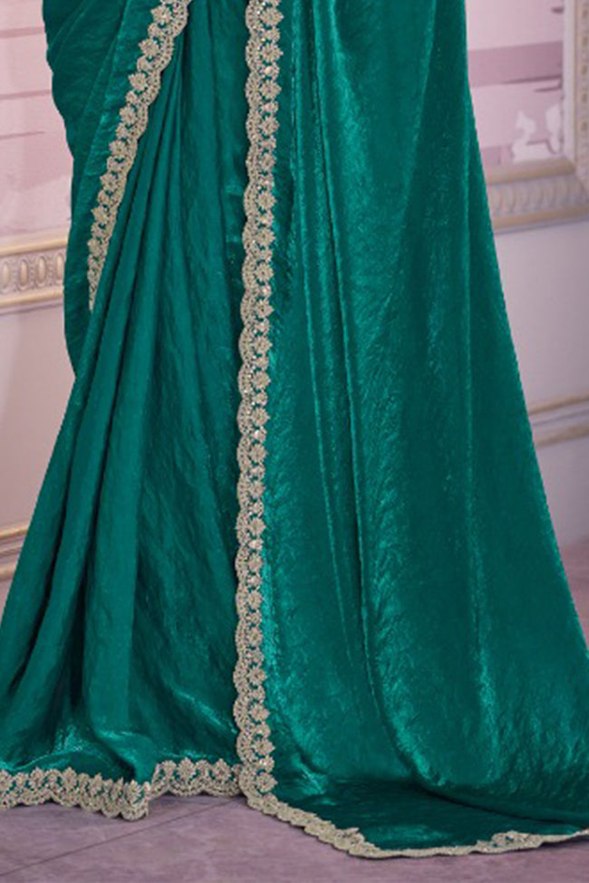 Rama Green Satin Organza Saree With Embroidery Blouse Piece