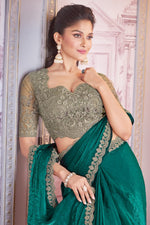 Rama Green Satin Organza Saree With Embroidery Blouse Piece