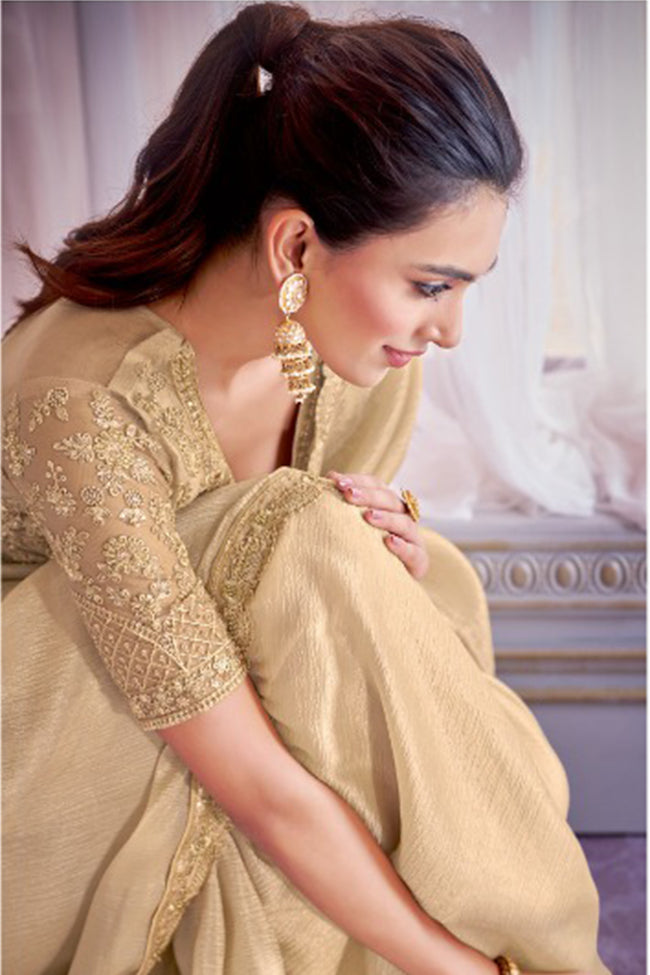 Golden Silk Designer Tissue Crush Embroidered Saree