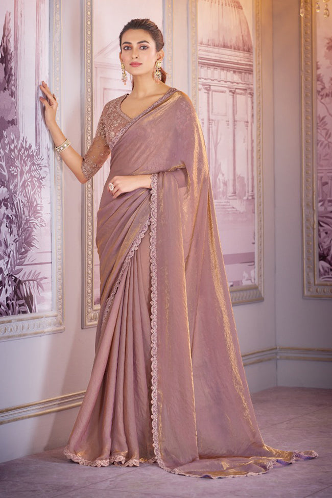 Rose Gold Embroidered Border Chiffon Shimmer Saree