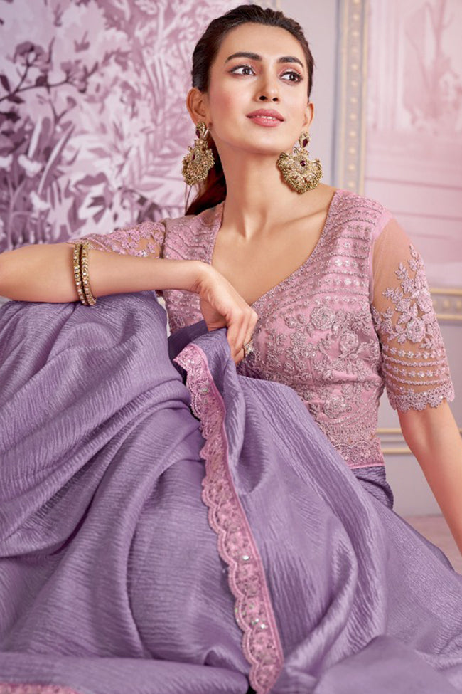 Light Purple Embroidered Border Satin Organza Saree