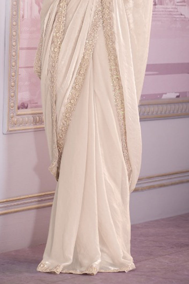 Beige Satin Organza Saree With Embroidery Blouse Piece