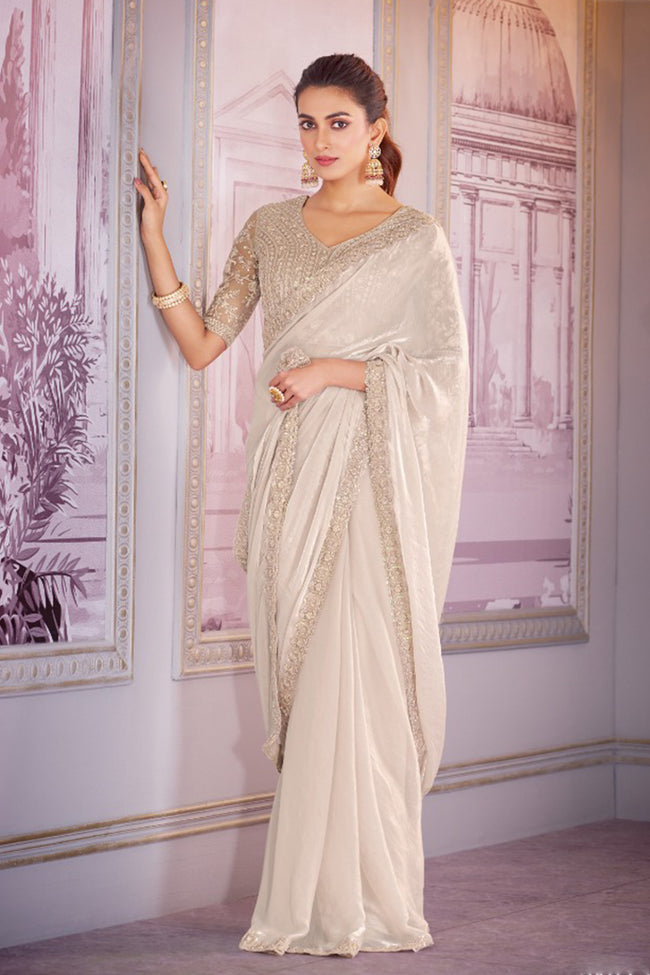 Beige Satin Organza Saree With Embroidery Blouse Piece