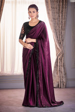 Dark Purple Satin Organza Saree With Embroidery Blouse Piece