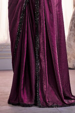 Dark Purple Satin Organza Saree With Embroidery Blouse Piece