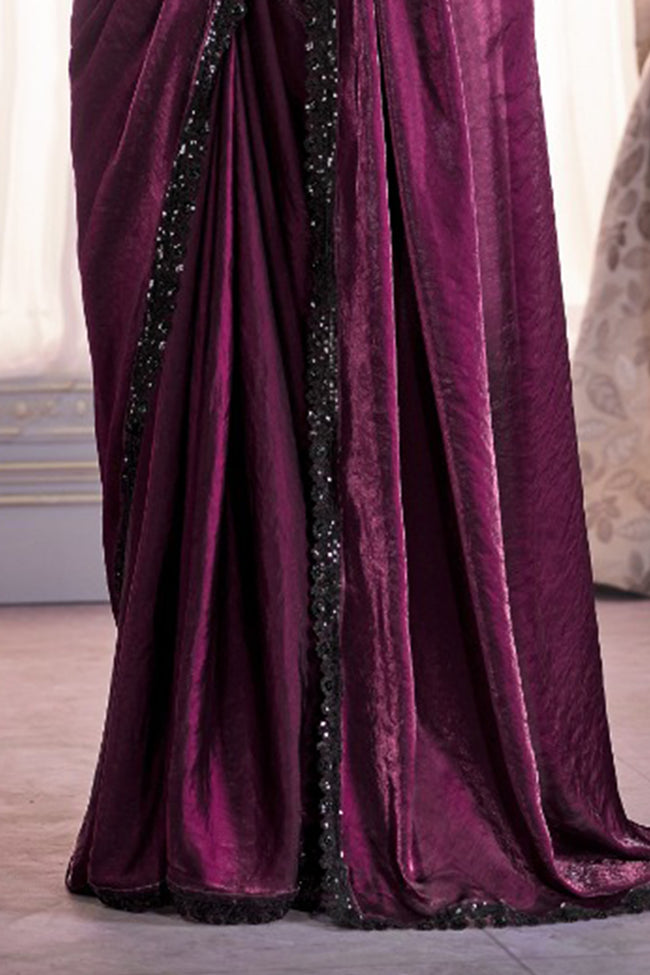 Dark Purple Satin Organza Saree With Embroidery Blouse Piece