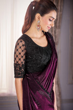 Dark Purple Satin Organza Saree With Embroidery Blouse Piece