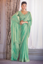 Sea Green Satin Organza Saree With Embroidery Blouse Piece