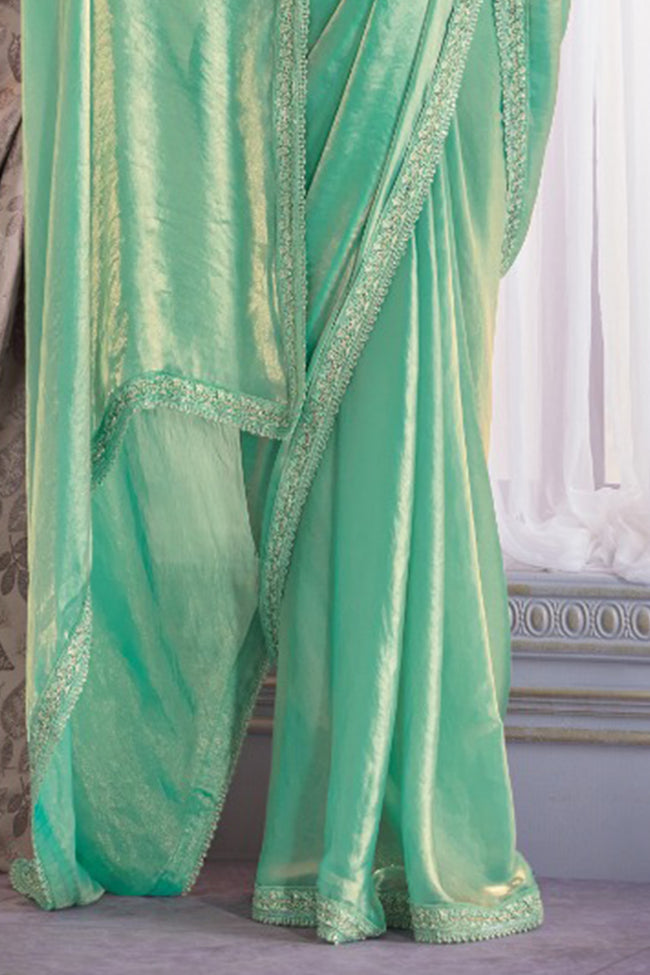 Sea Green Satin Organza Saree With Embroidery Blouse Piece