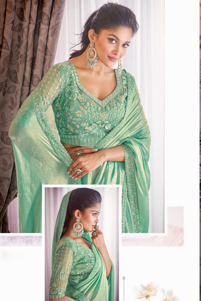 Sea Green Satin Organza Saree With Embroidery Blouse Piece