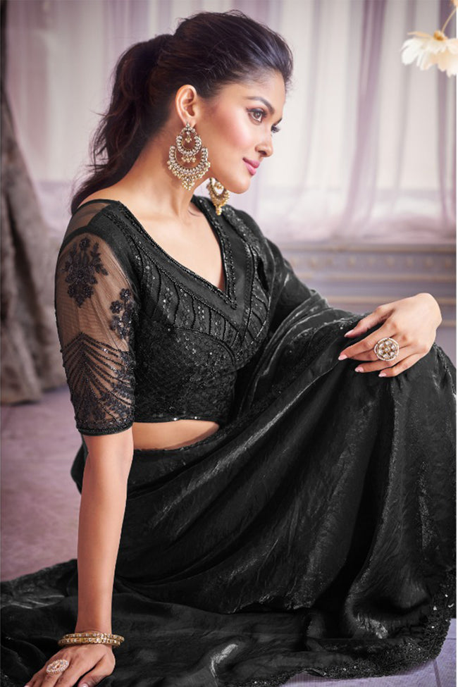 Black Silk Designer Satin Organza Embroidered Saree