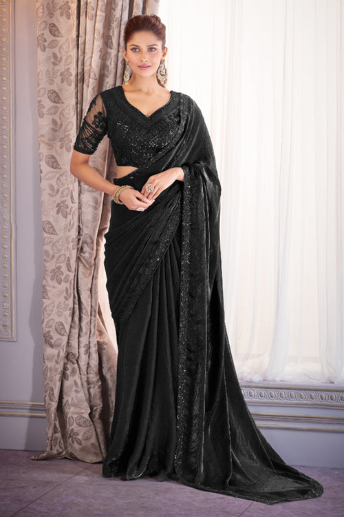 Black Silk Designer Satin Organza Embroidered Saree