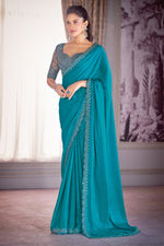 Rama Blue Satin Organza Silk Saree With Embroidery Work