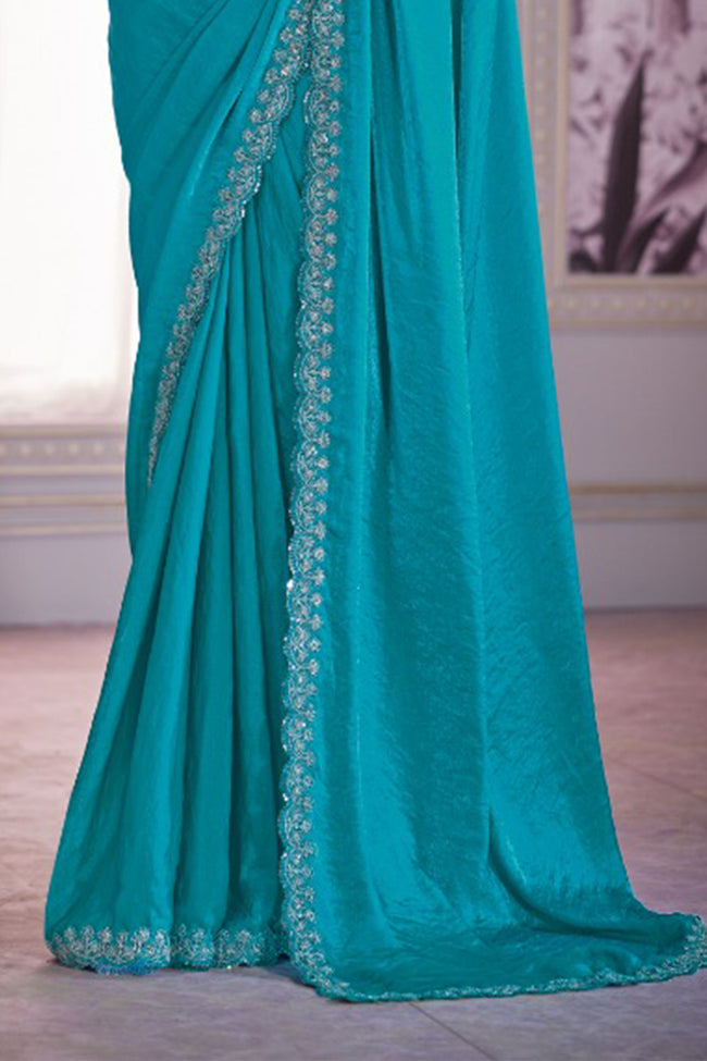 Rama Blue Satin Organza Silk Saree With Embroidery Work