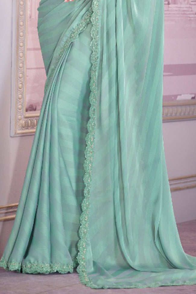 Green Silk Designer Chiffon Embroidered Saree With Blouse Piece