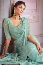 Green Silk Designer Chiffon Embroidered Saree With Blouse Piece