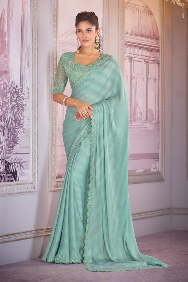 Green Silk Designer Chiffon Embroidered Saree With Blouse Piece