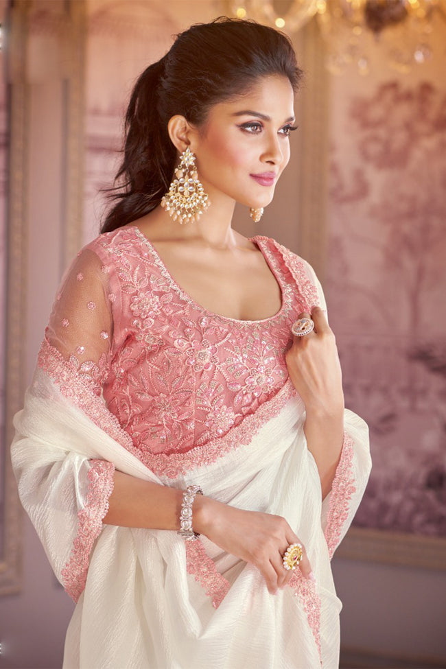 Off White Wedding Wear Tissue Crush Saree With Blouse Piece