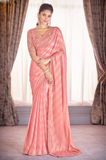 Peach Chiffon Embroidered Saree With Blouse Piece