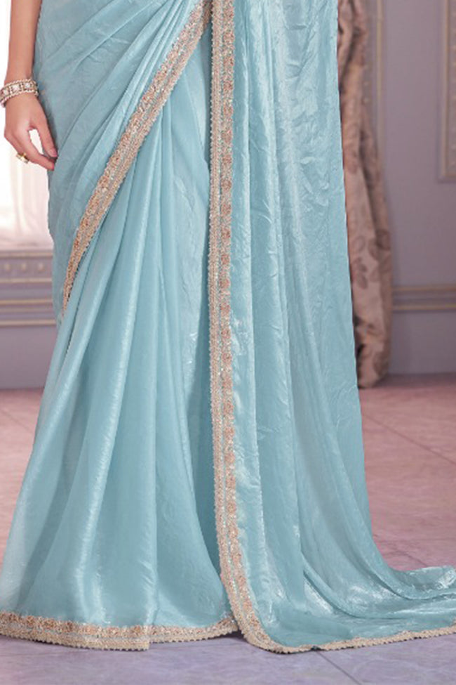 Sky Blue Wedding Wear Satin Organza Saree