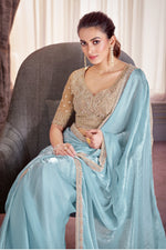 Sky Blue Wedding Wear Satin Organza Saree