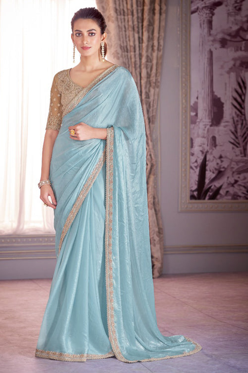 Sky Blue Wedding Wear Satin Organza Saree