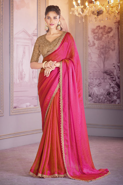 Hot Pink Chiffon Organza Saree With Embroidered Blouse