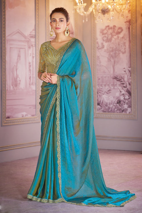 Steel Blue Chiffon Organza Saree With Embroidered Blouse