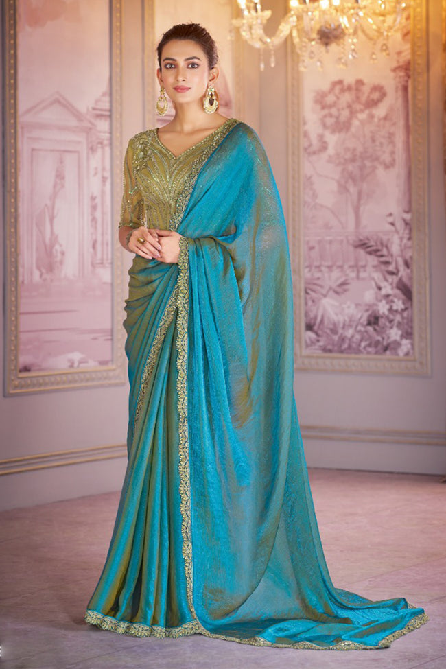 Steel Blue Chiffon Organza Saree With Embroidered Blouse