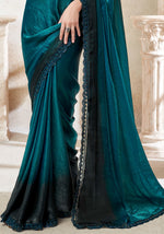 Deep Teal Blue Fendi Digital Embroidered Border Satin Silk Saree