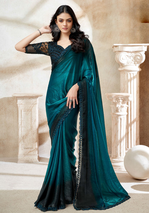 Deep Teal Blue Fendi Digital Embroidered Border Satin Silk Saree