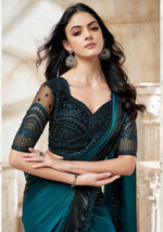 Deep Teal Blue Fendi Digital Embroidered Border Satin Silk Saree