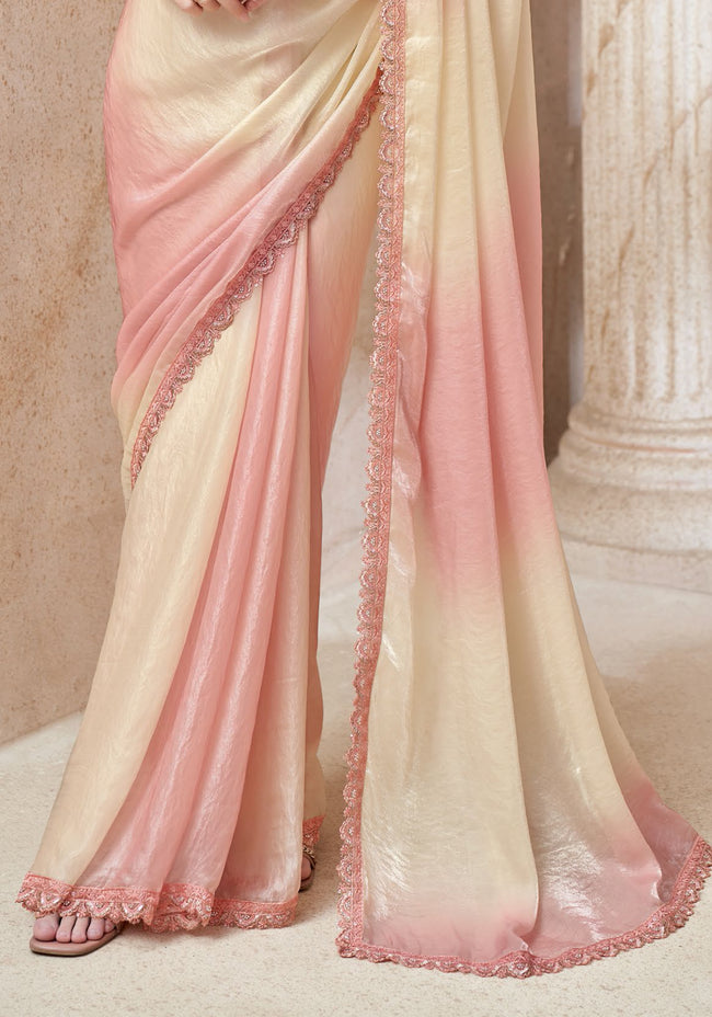 Peach-Cream Shaded Fendi Digital Saree with Embroidery