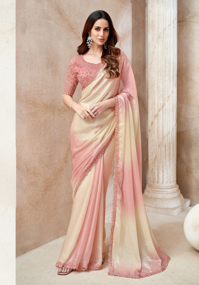 Peach-Cream Shaded Fendi Digital Saree with Embroidery