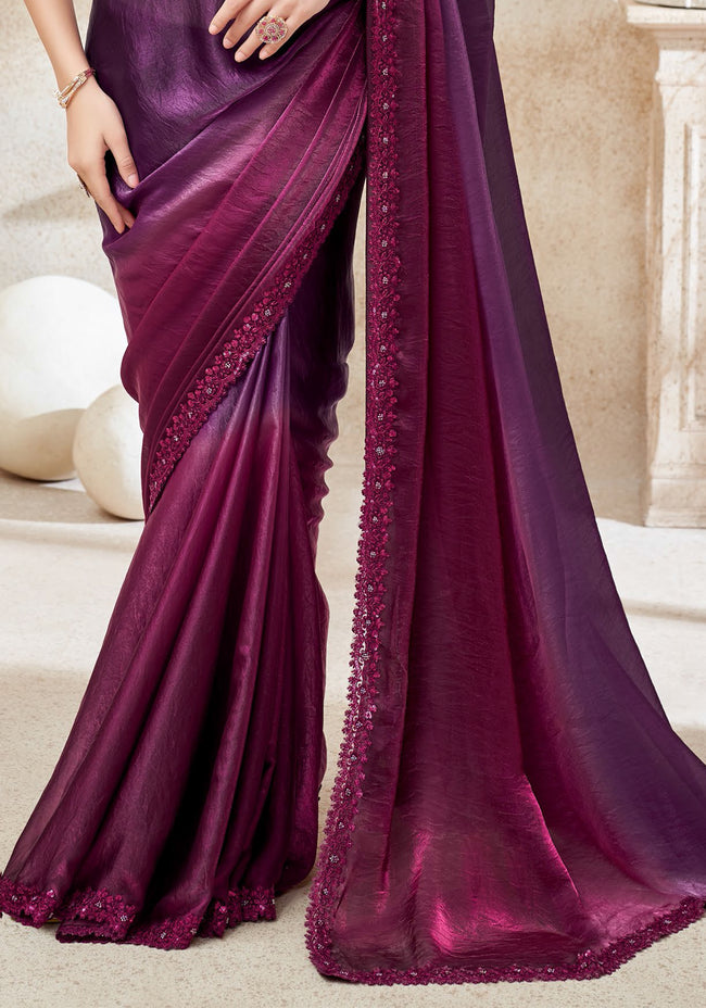 Plum Purple Fendi Digital Saree with Deep Wine Embroidered Blouse