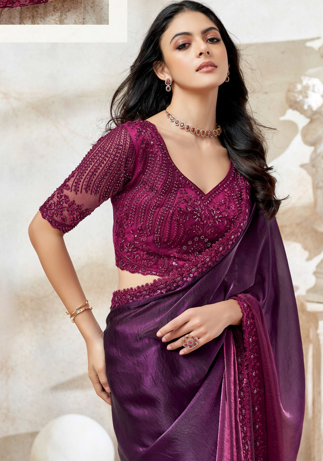 Plum Purple Fendi Digital Saree with Deep Wine Embroidered Blouse