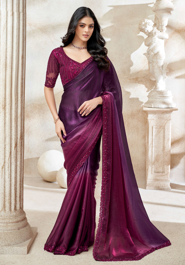 Plum Purple Fendi Digital Saree with Deep Wine Embroidered Blouse