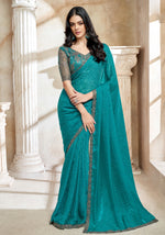Blue With Firozi Embroidered Border Art Silk Jacquard Saree