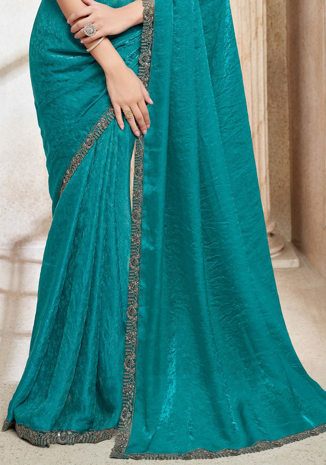 Blue With Firozi Embroidered Border Art Silk Jacquard Saree