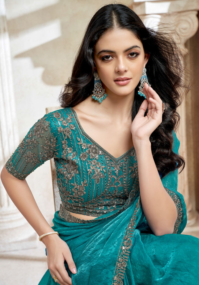 Blue With Firozi Embroidered Border Art Silk Jacquard Saree