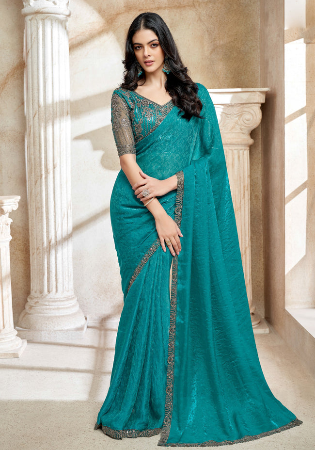 Blue With Firozi Embroidered Border Art Silk Jacquard Saree