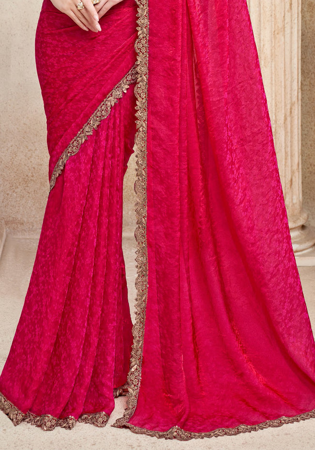 Crimson Red Fendi Jaquard Saree with Antique Gold Embroidery