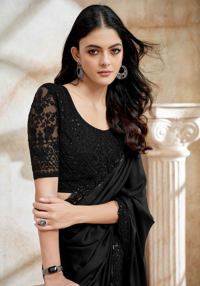 Black Organza Embroidered Contemporary Saree
