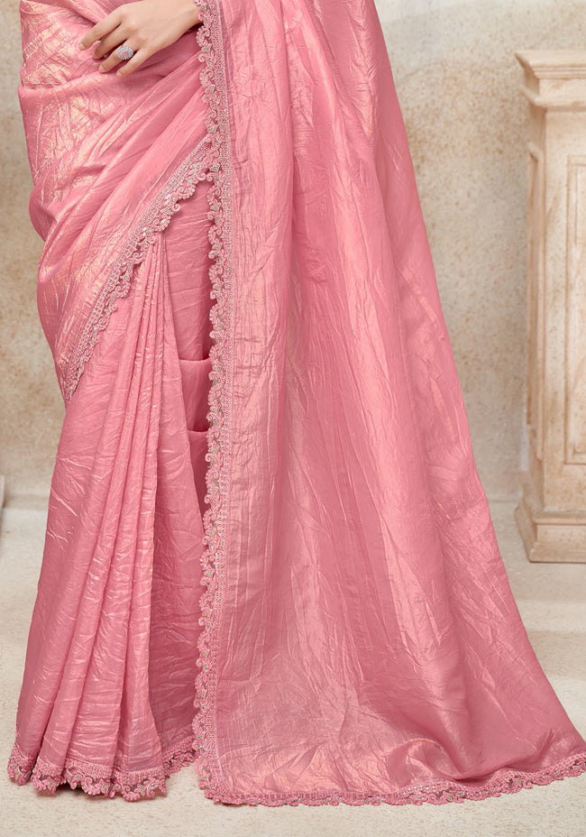Pink Crush Embroidered Chiffon Silk Designer Saree
