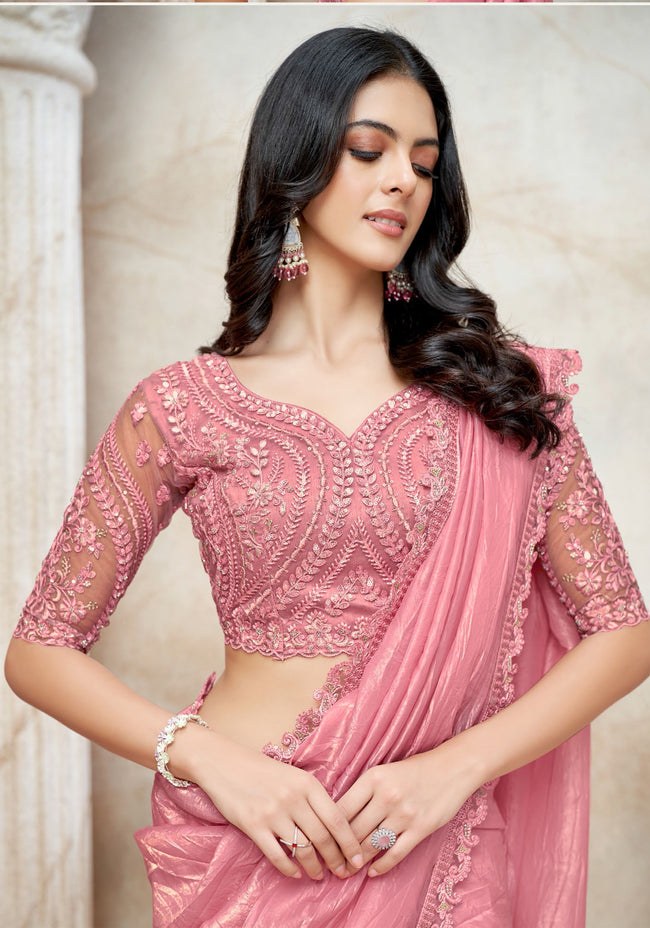 Pink Crush Embroidered Chiffon Silk Designer Saree